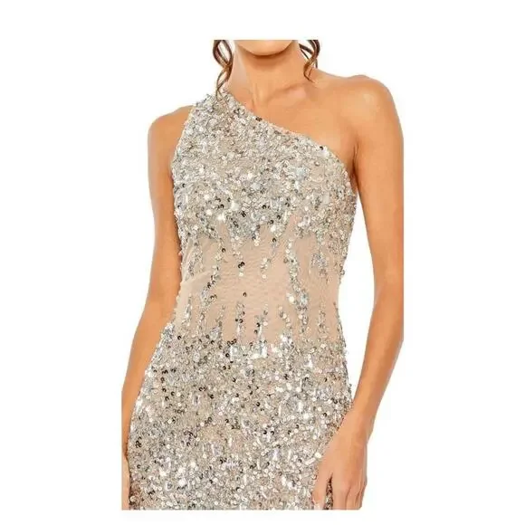 Mac Duggal 10977 Nude One Shoulder Asymmetric Sheer Hand Beaded Mini Dress Sz 12 - Picture 2 of 16